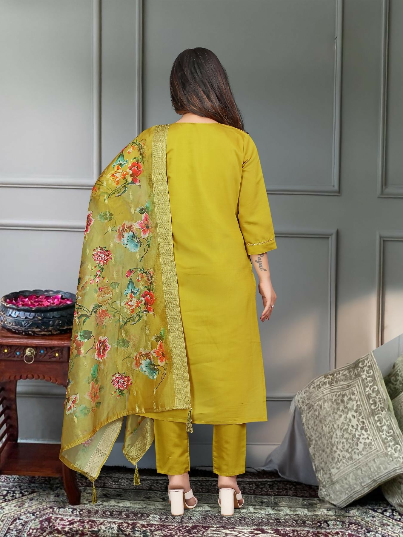 The52 Mustard Gorgeous Embroidered Viscose Chanderi Fabric Straight Kurta Pant with Dupatta Set - Swadesiicart