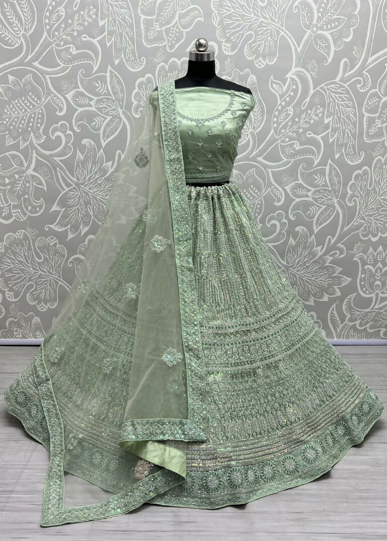 Jyoti Fashion Women's Pista Green Heavy Net Fancy Dori, Multi Thread, Rainbow Sequins and Diamond Work Wedding Lehenga Choli | Swadesiicart