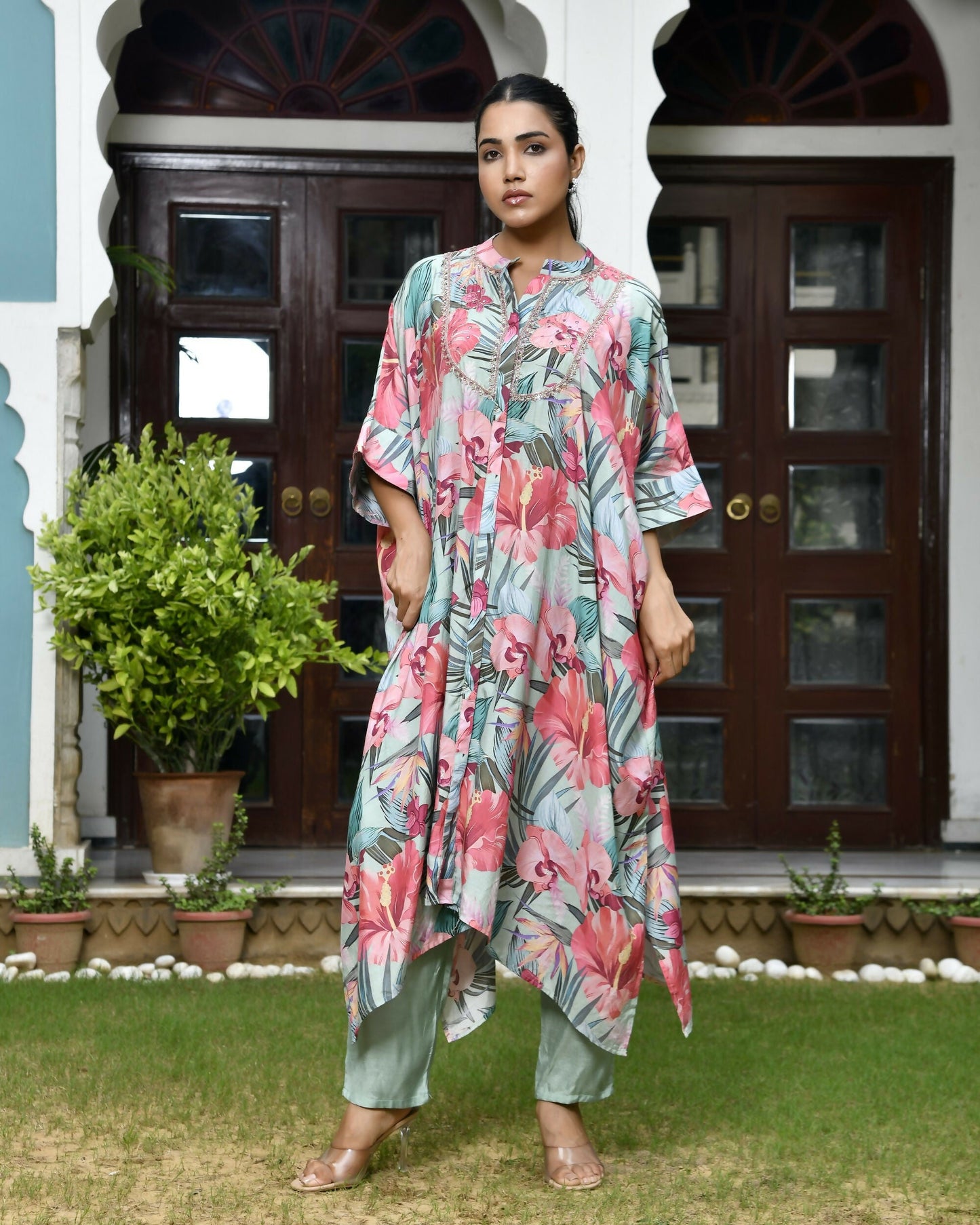 Vaasva Women's Aqua Musline Viscose Digital Printed Kaftan Pant Set | Swadesiicart