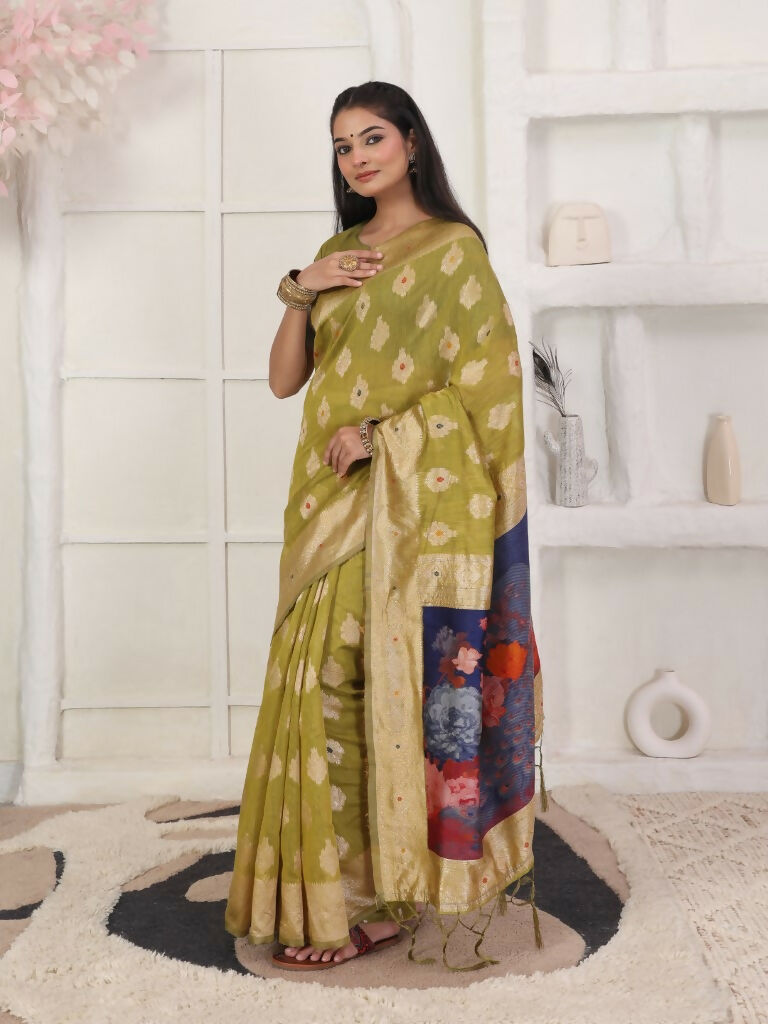 Shree Shyam Fashion Linen Cotton Mhendi Green Saree