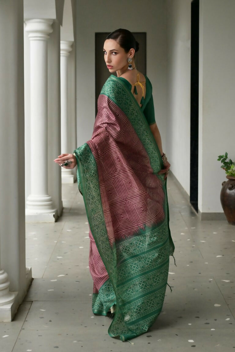 Vishnu Weaves Women's Green Soft Tussar Silk Printed Saree with Blouse - Swadesiicart