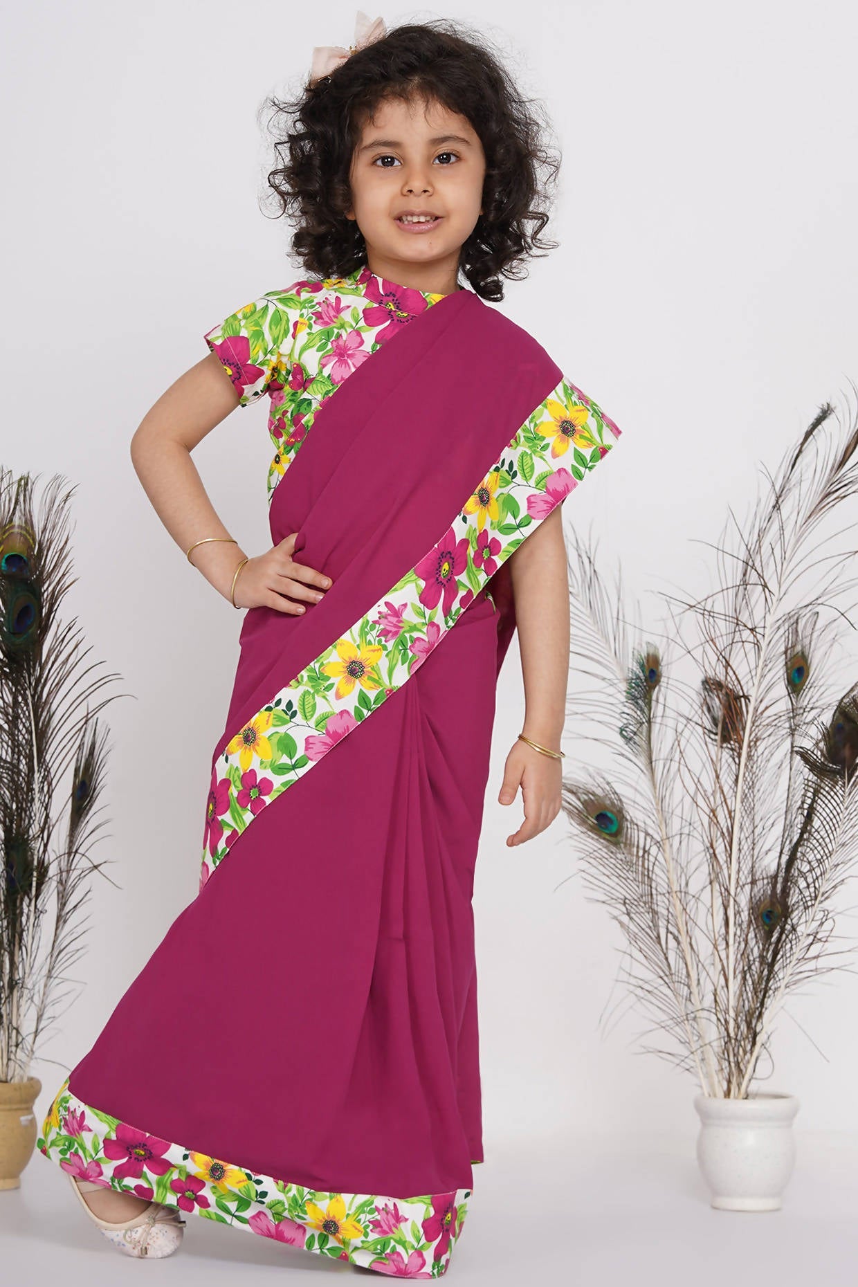 Little Bansi Girls Floral Print Ready to Wear Saree and Floral Blouse - Magenta | Swadesiicart