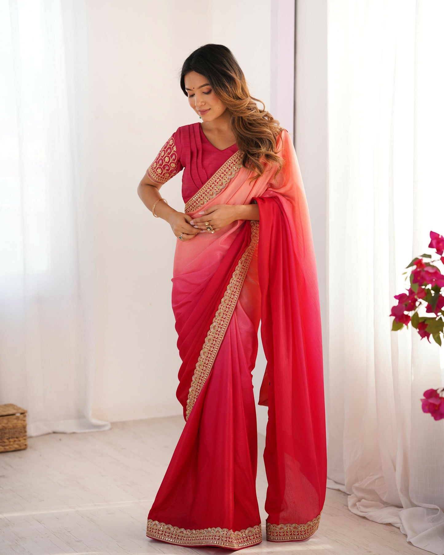 Exclusive Collection Red Pink Party Wear Chinon Salk Saree - Swadesiicart