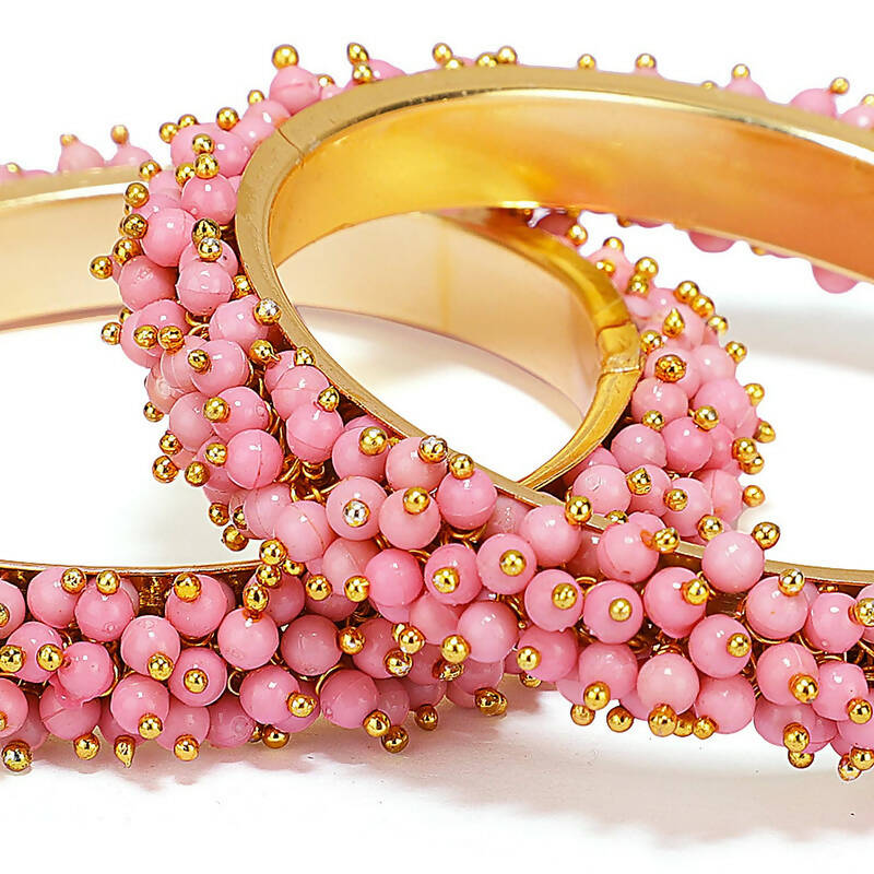 Mominos Fashion Joharkamal Gold-Polished Baby Pink Beads Work Bangles - Swadesiicart