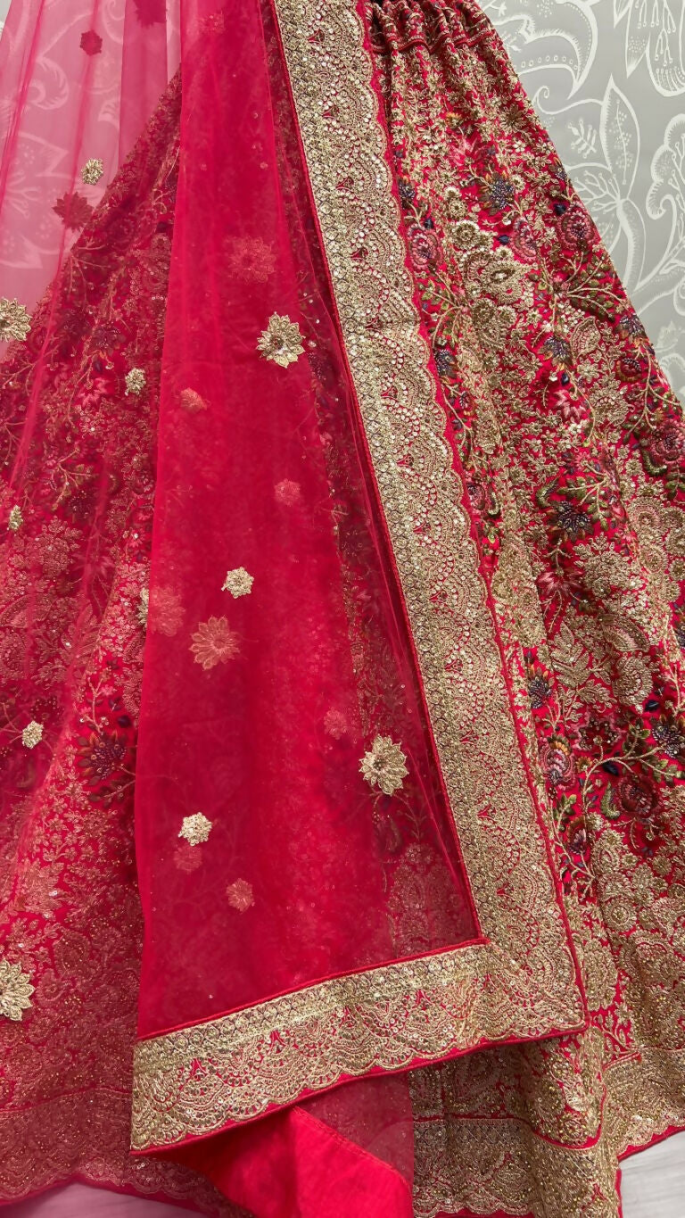 Jyoti Fashion Women's Rani Pink Silk Fancy Dori & Sequins Multi Thread Embroidered with Diamond Work Wedding Lehenga Choli | Swadesiicart