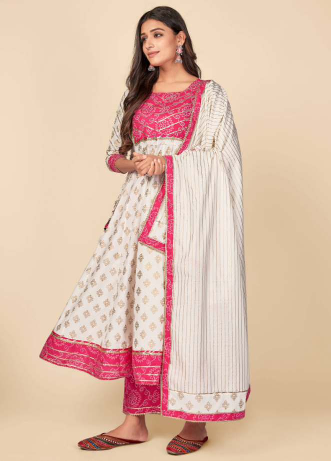 NOZ2TOZ Women's Pink & White Anarkali Kurta & Pant With Dupatta Set (3pcs Set) - Swadesiicart