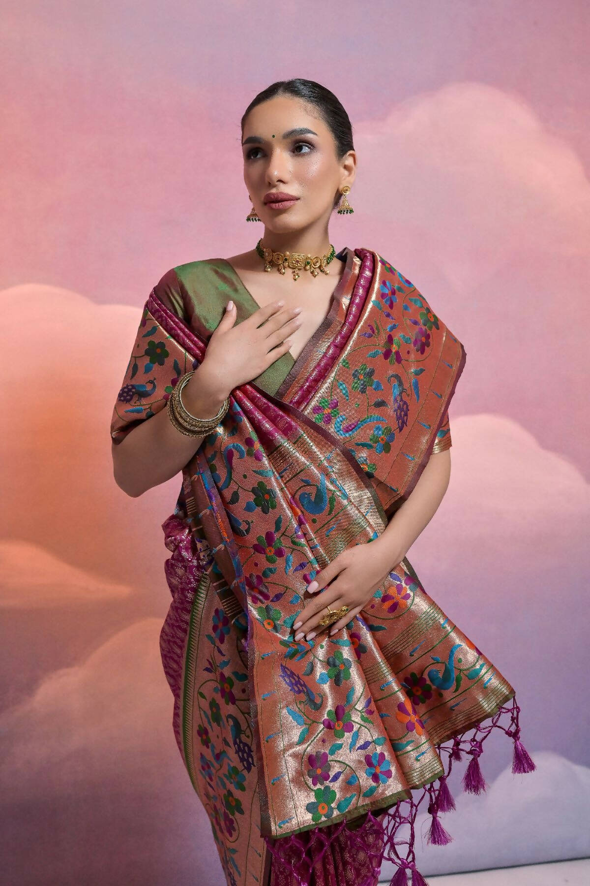 Vishnu Weaves Women's Wine Paithani Silk Zari Woven Saree with Blouse - Swadesiicart