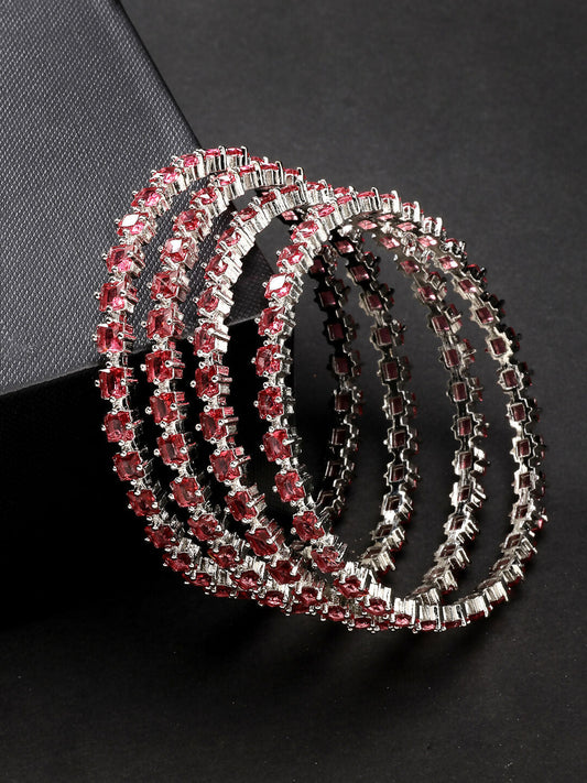 NVR Women's Set of 4 Pink CZ Stone-Studded Handcrafted Bangles - Swadesiicart