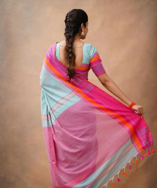 Exclusive Collection Light Blue Beautiful Khadi Cotton Handloom Saree - Swadesiicart