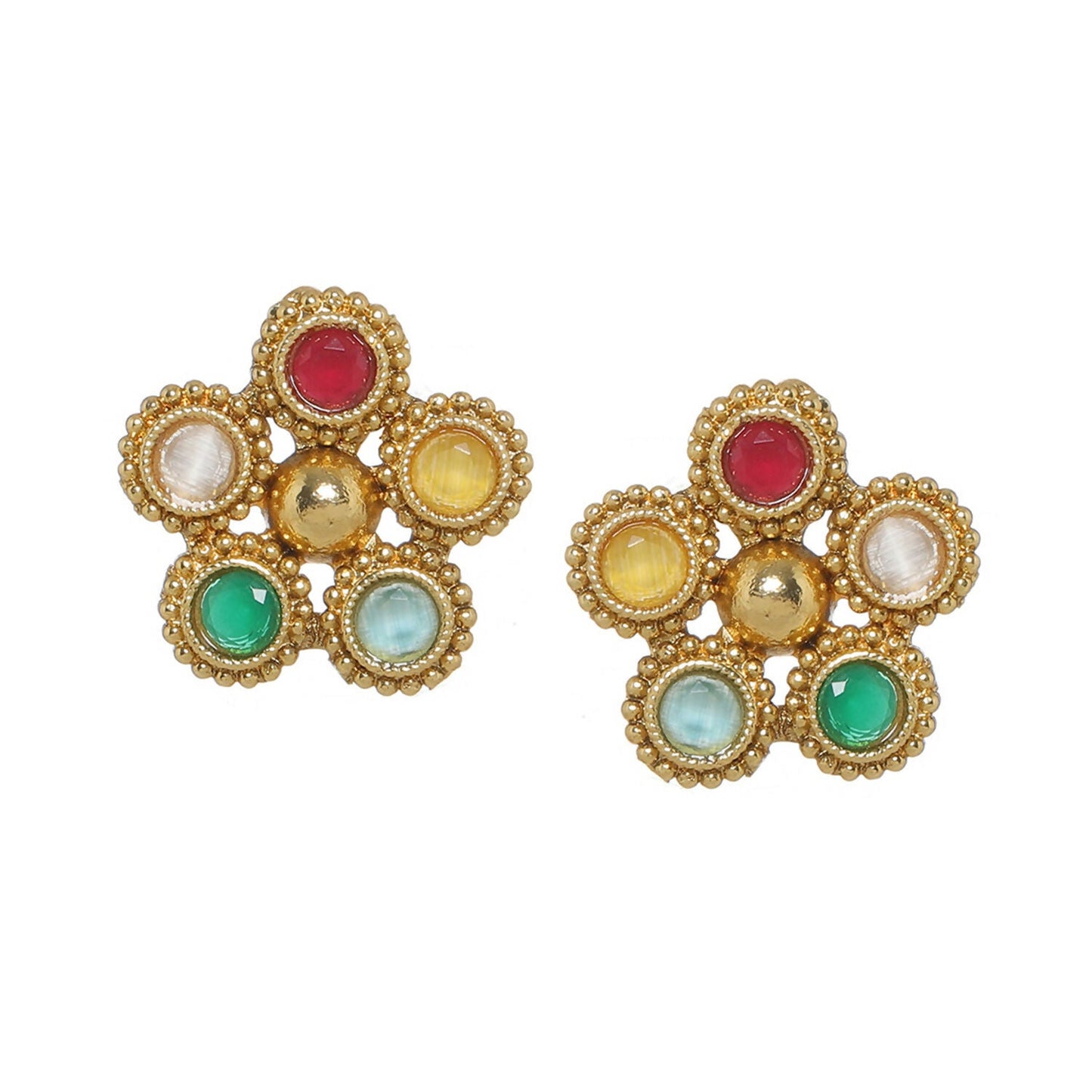 Multi Colored Stone in Gold Choker with Earrings (Multi Color) - Ruby Raang | Swadesiicart