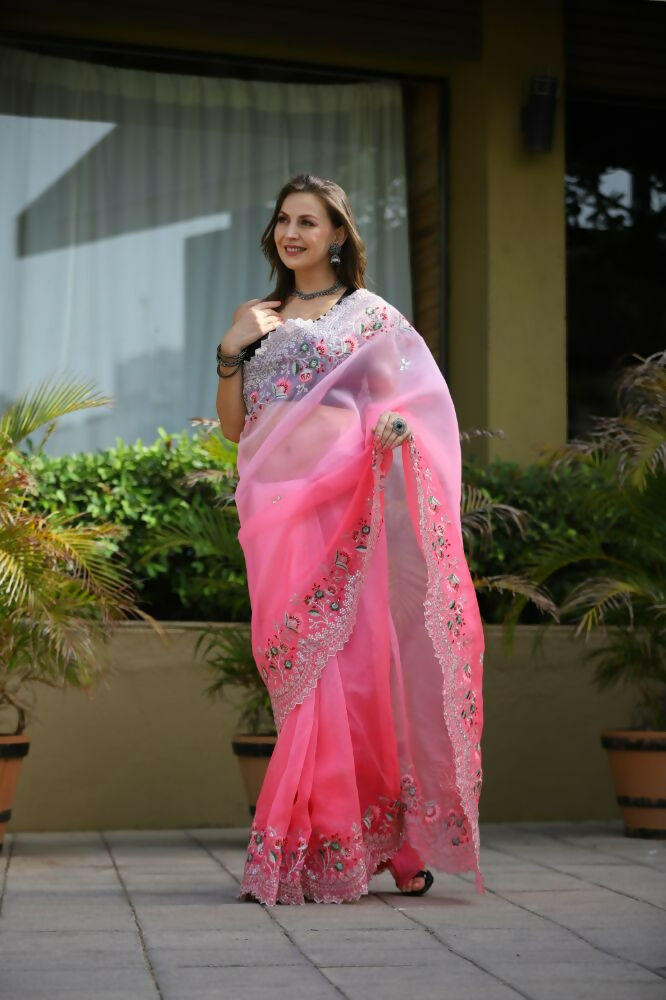 Vamsee Sanyogita Sanyogita - Pink Organza Saree - Swadesiicart