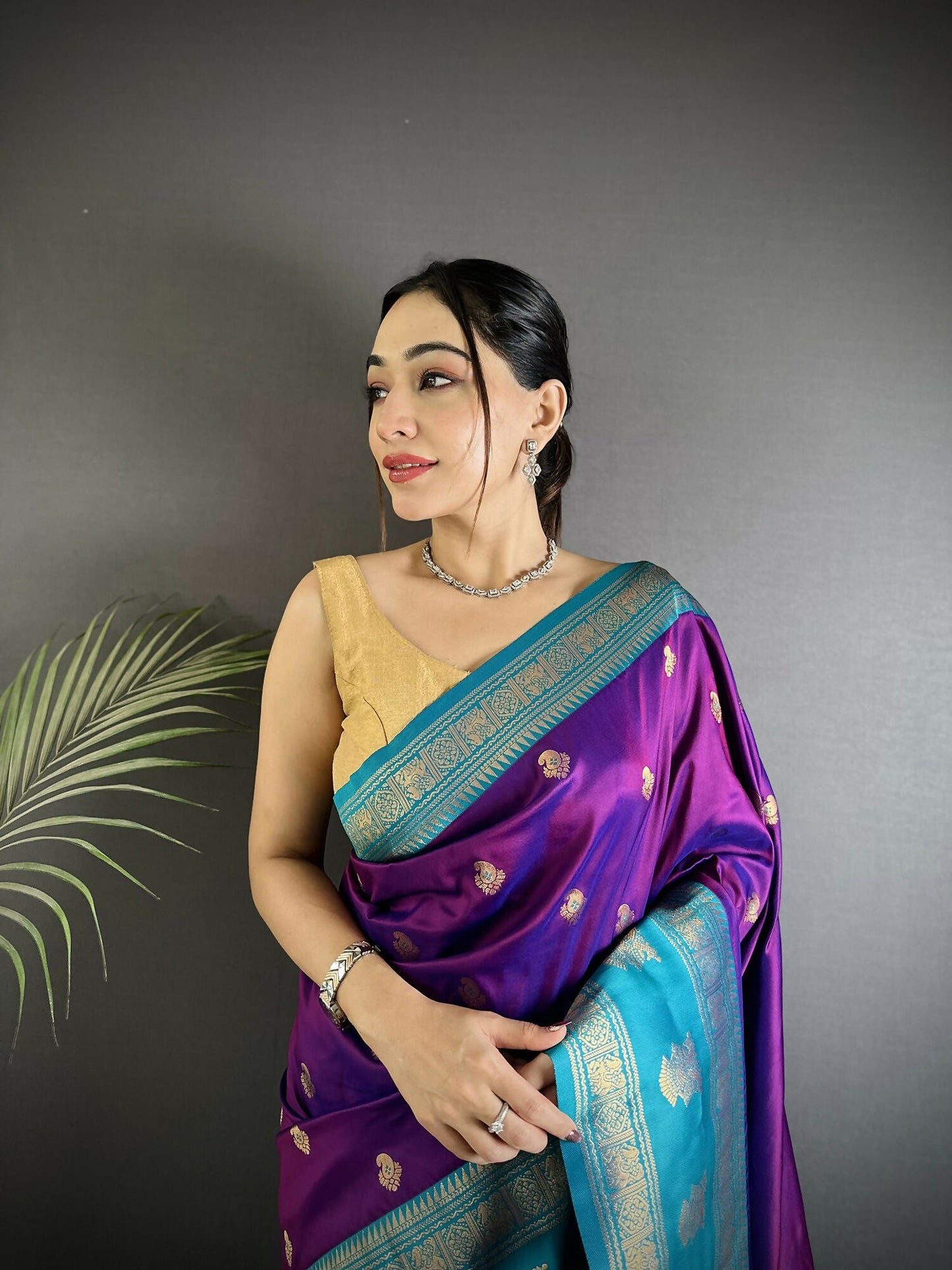 Joban Fashion Purple Banarasi Soft Silk Woven Butti Saree | Swadesiicart