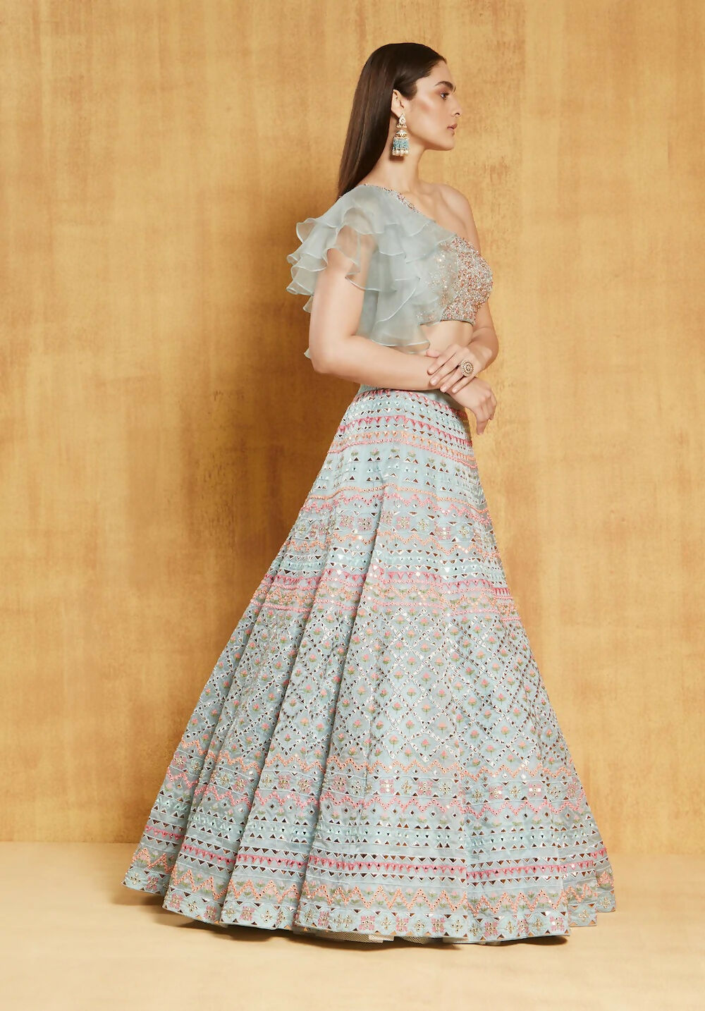 Jyoti Fashion Light Turquoise Thread, Zari and Paper Mirror Embroidered Organza One Shoulder Bridal Lehenga Choli | Swadesiicart