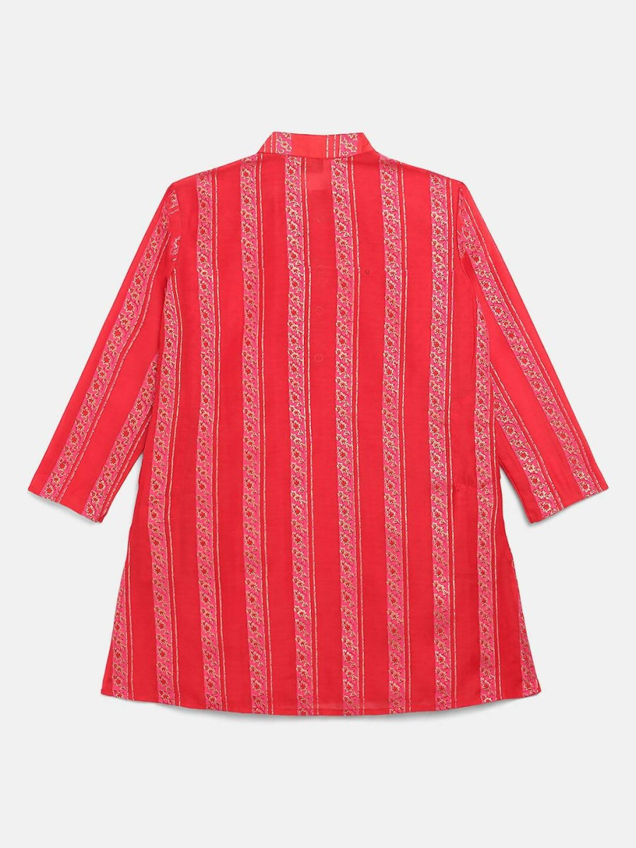 Ahalyaa Red Chanderi Khari Print Kids Kurta Churidar Set For Boys | Swadesiicart