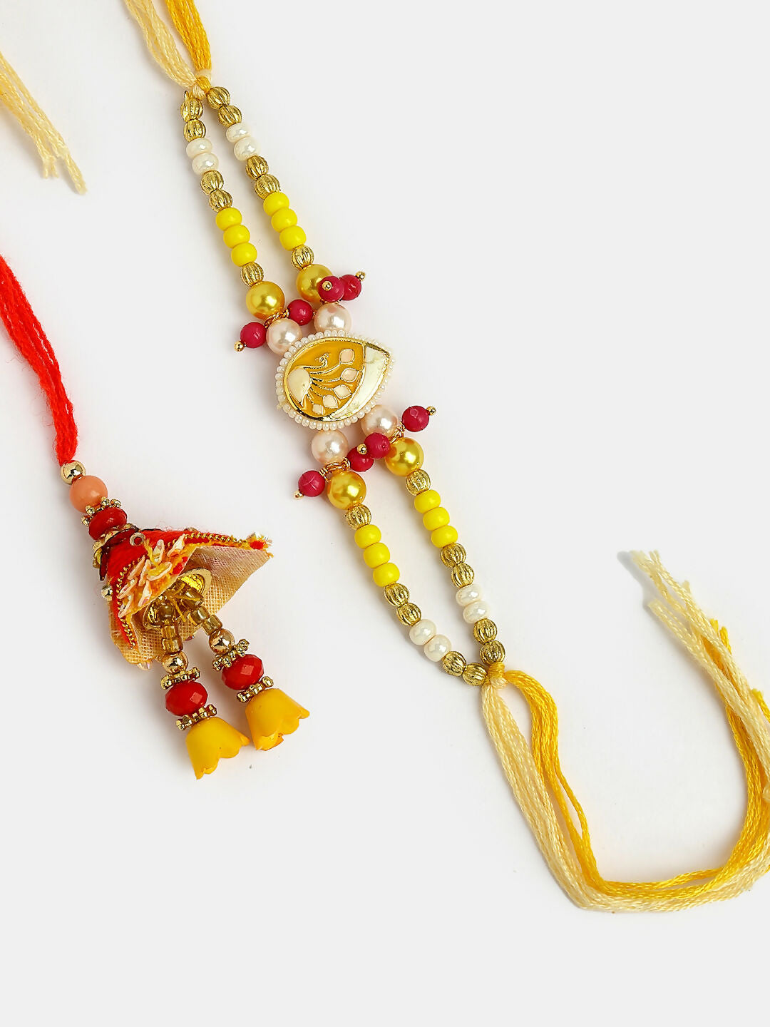 NVR Women & Men Set of 2 Yellow Peacock Design Bhaiya Bhabhi Rakhi With Roli Chawal | Swadesiicart