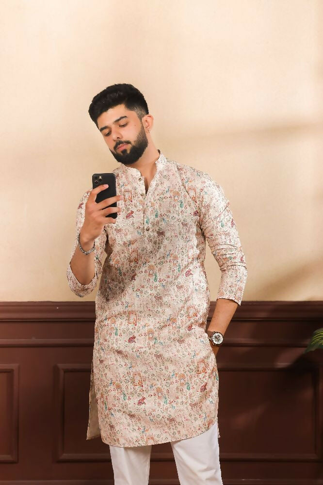 Beige Art Silk Digital Printed, Embroidery Work Kurta Set - Mahotsav