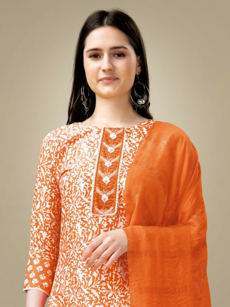 Jyoti Fashion Women's Orange Rayon Embroidery & Sequence work Kurta with Trouser & Dupatta | Swadesiicart