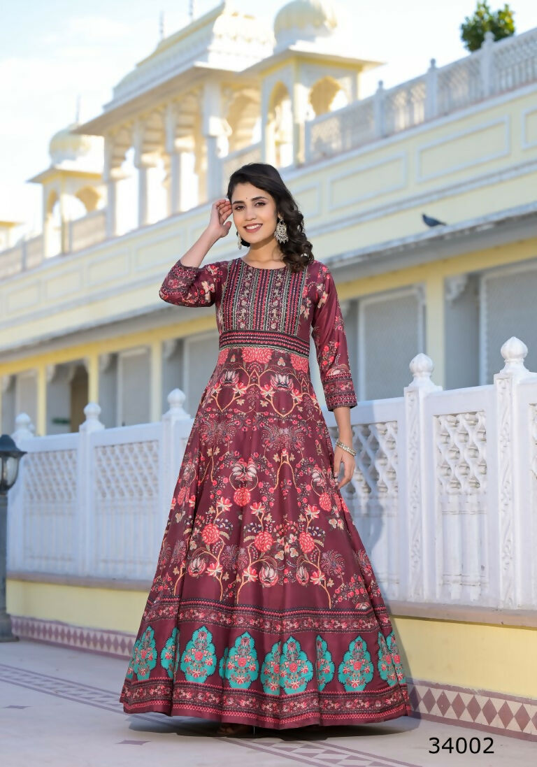 Partywear Designer Maroon Dola Silk Anarkali suit with Dupatta - Suzen - Swadesiicart