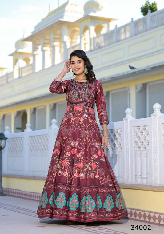 Partywear Designer Maroon Dola Silk Anarkali suit with Dupatta - Suzen - Swadesiicart