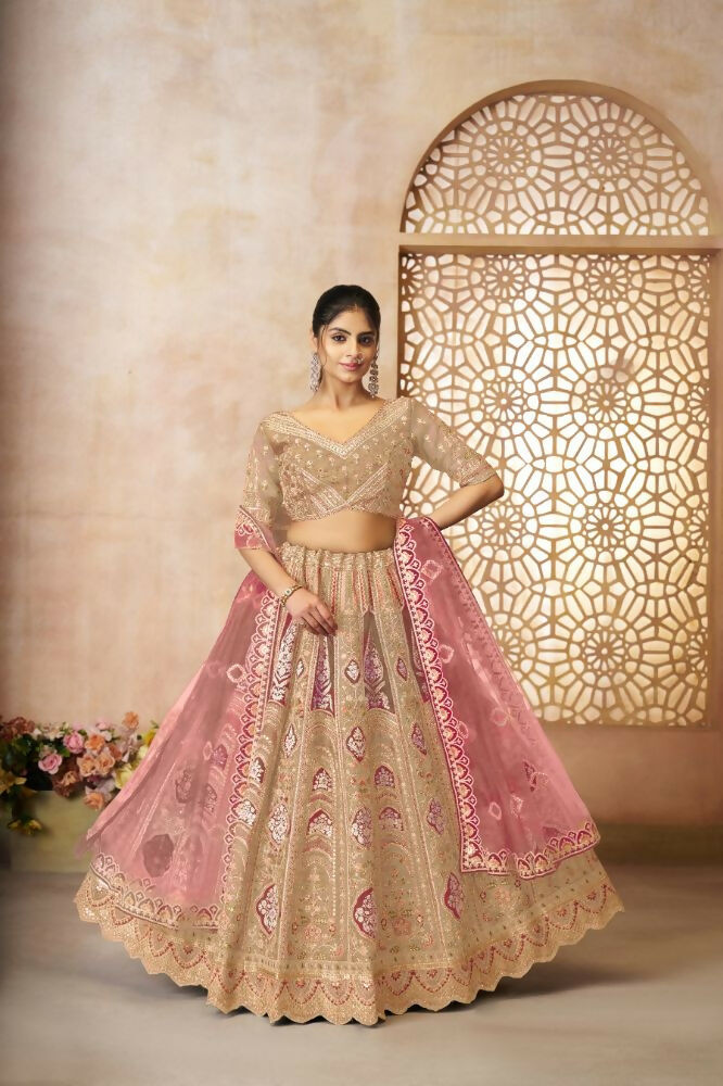 Kesar Fab Chiku Banarasi Silk Embroidered Lehenga | Swadesiicart