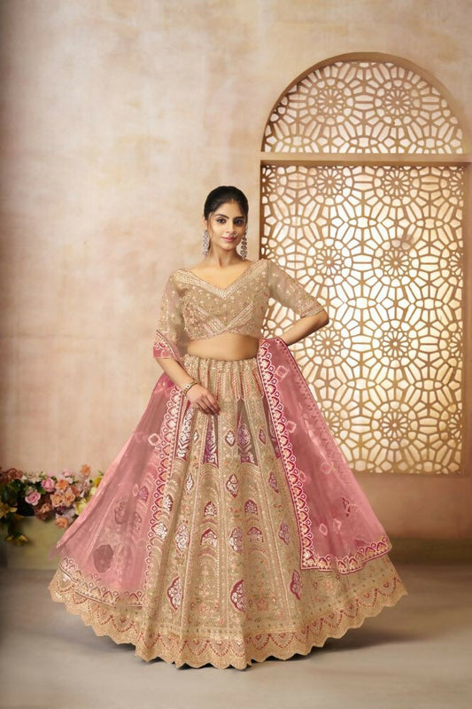 Kesar Fab Chiku Banarasi Silk Embroidered Lehenga | Swadesiicart