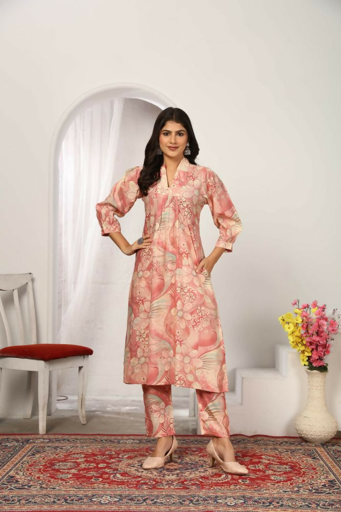 Jyoti Fashion Women's Peach Rayon Floral Print with Side Pocket Kurtis & Sets | Swadesiicart