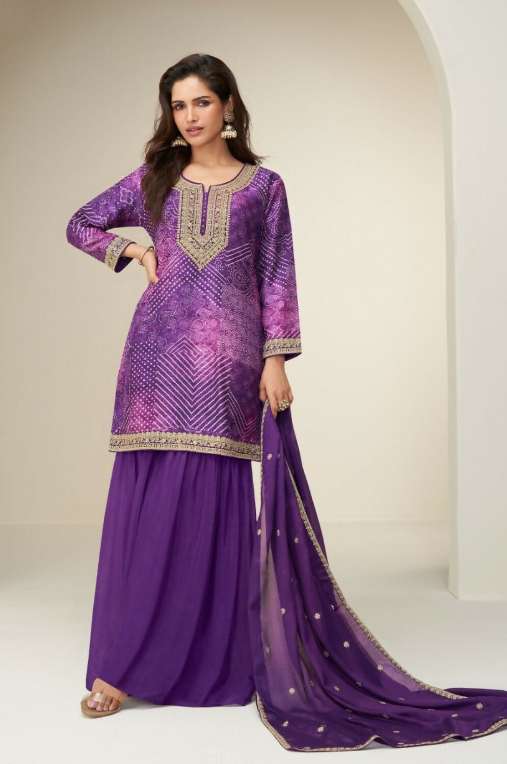 Anaita Purple Chinon Stitched Suit with Digital Print & Embroidery Coding Sequence Work