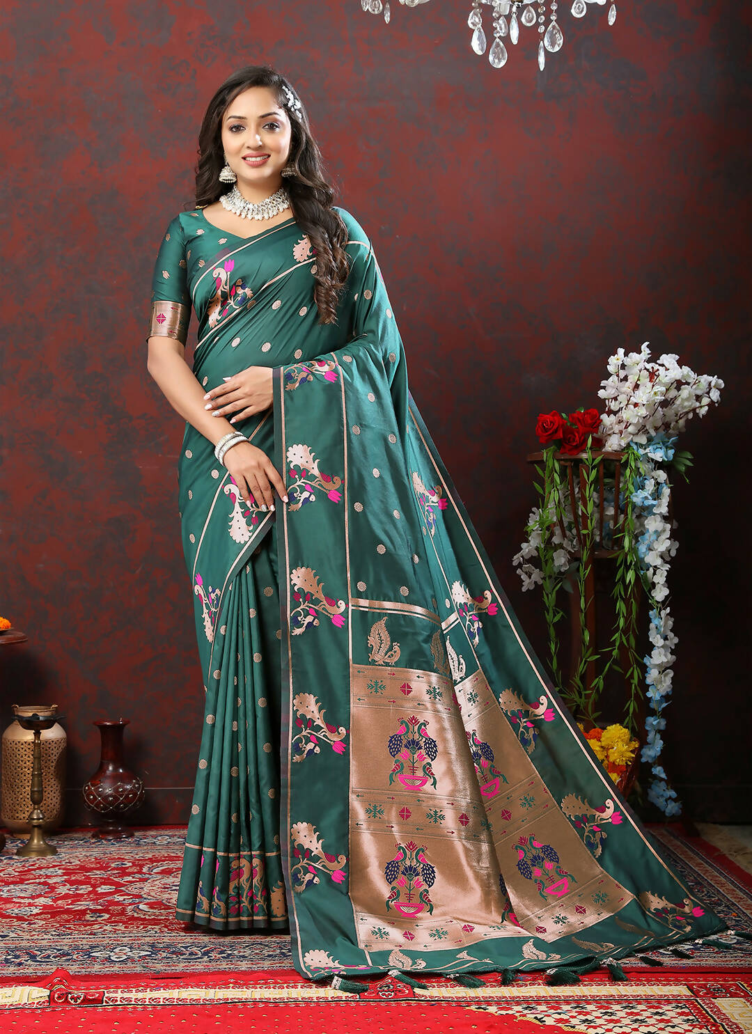 Lorenvalley Fashion Green Soft Paithani Silk Woven Design Copper Zari Meenakari Weaving Saree - Swadesiicart