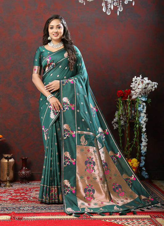 Lorenvalley Fashion Green Soft Paithani Silk Woven Design Copper Zari Meenakari Weaving Saree - Swadesiicart