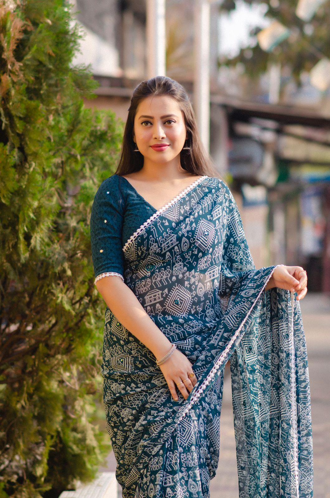 Rama Poly Georgette Ethnic Motifs Saree with Unstitched Blouse - Hiral Fashion | Swadesiicart