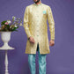 Raivat Ethnic Banarasi Jacquard Embroidery Semi Indo Western Sherwani In Gold Colour | Swadesiicart