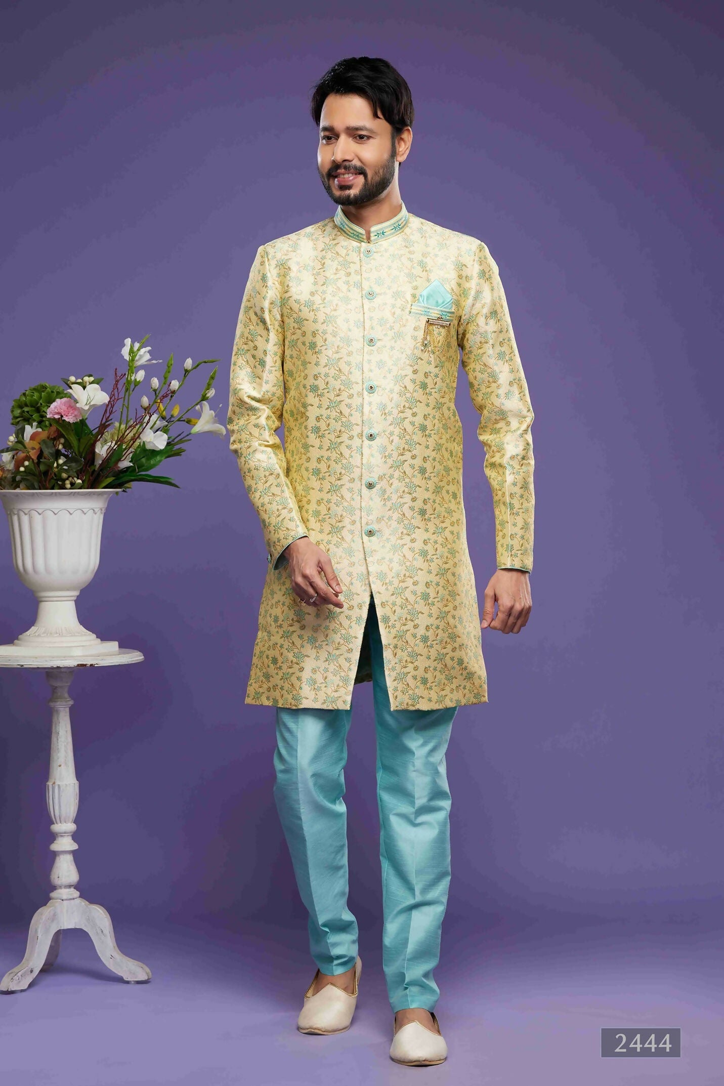 Raivat Ethnic Banarasi Jacquard Embroidery Semi Indo Western Sherwani In Gold Colour | Swadesiicart