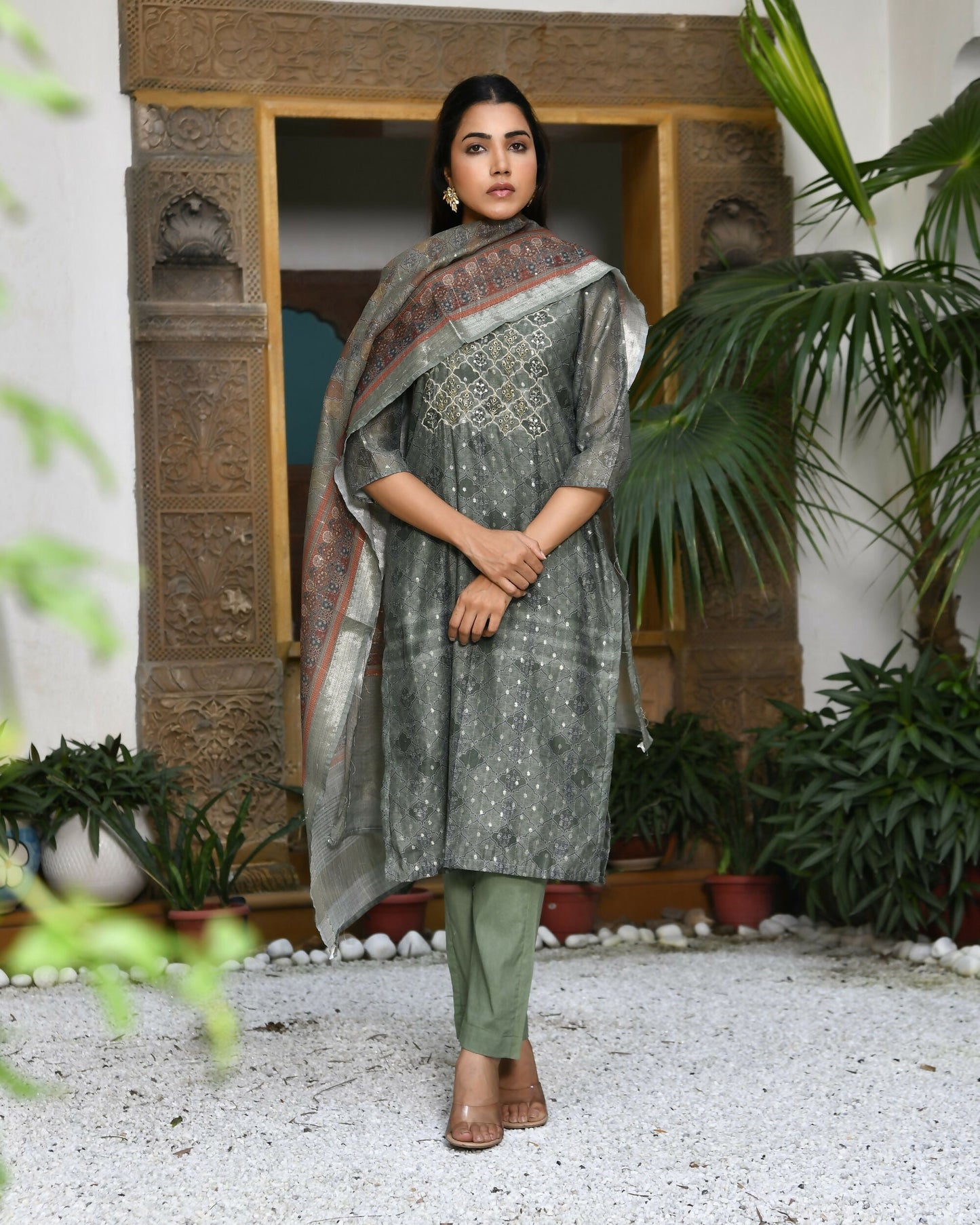 Vaasva Women's Chanderi Printed Suit Set With Pant And Printed Dupatta | Swadesiicart