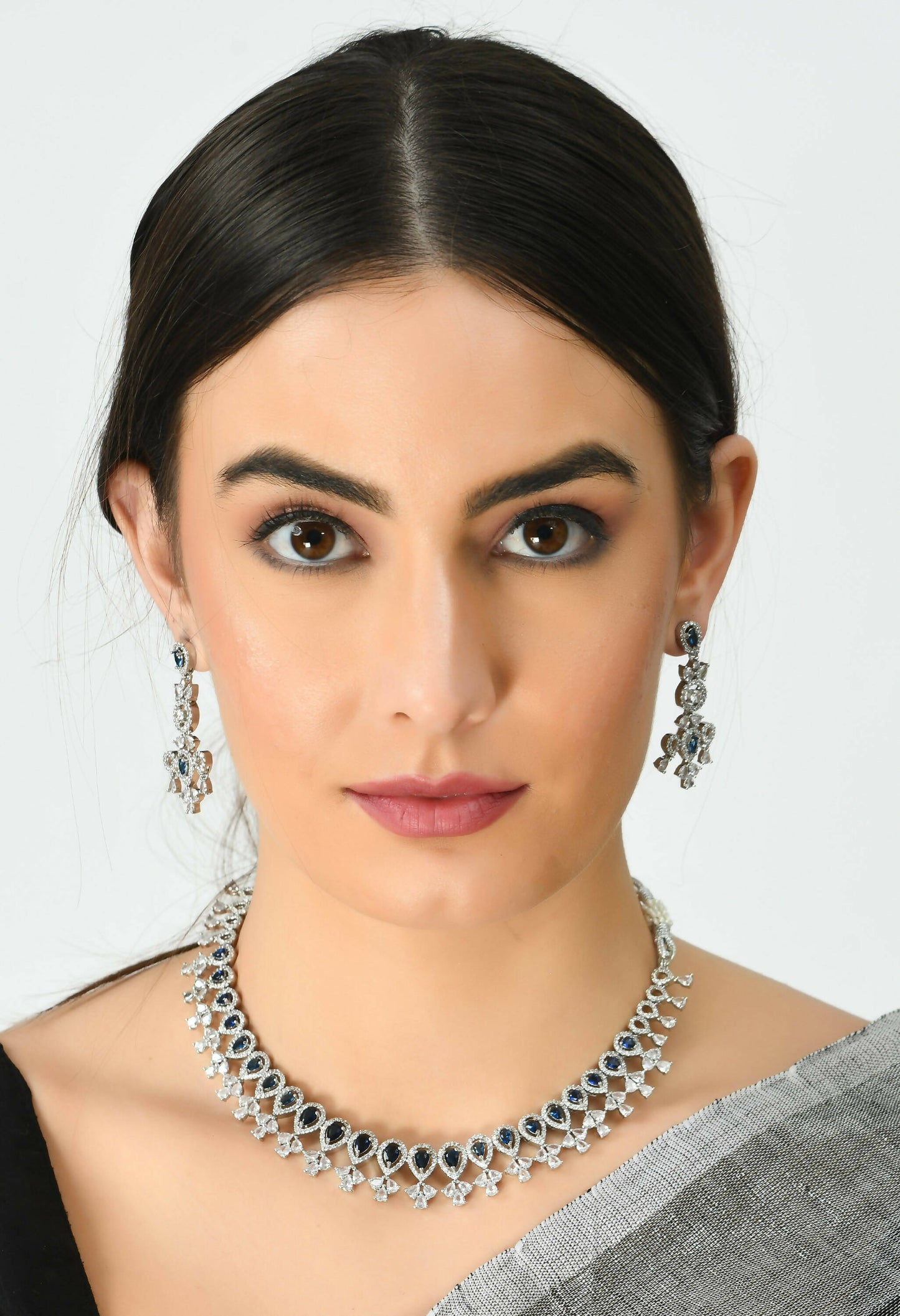 Mominos Fashion Johar Kamal Silver-Plated American Diamond Silver Blue Choker Set | Swadesiicart