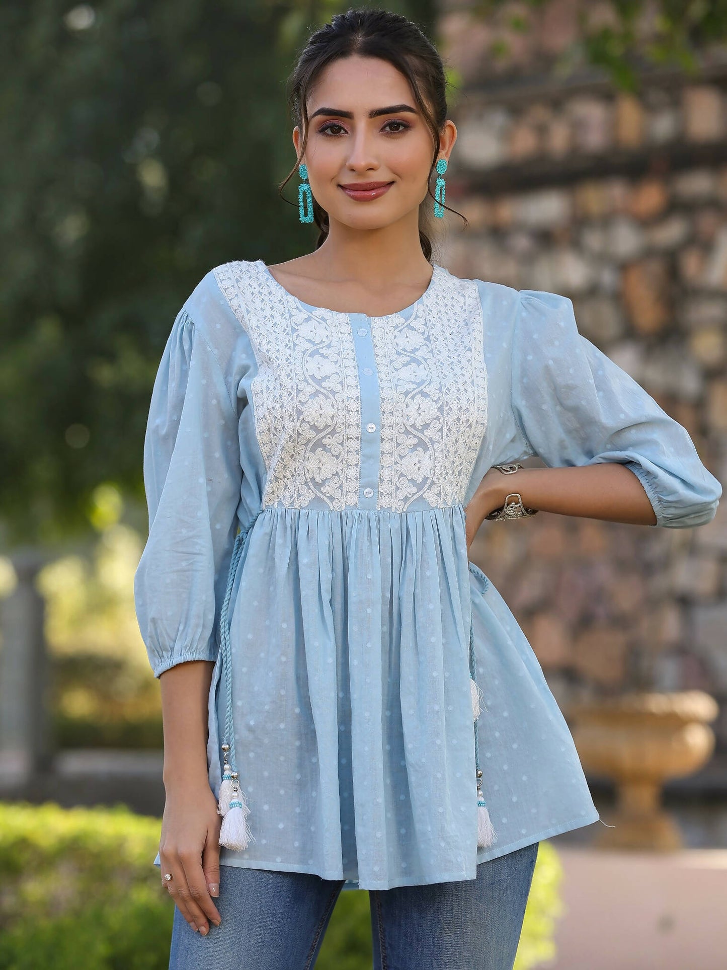 Juniper Women's Blue Cotton Dobby Solid With Embroidered Straight Tunic | Swadesiicart