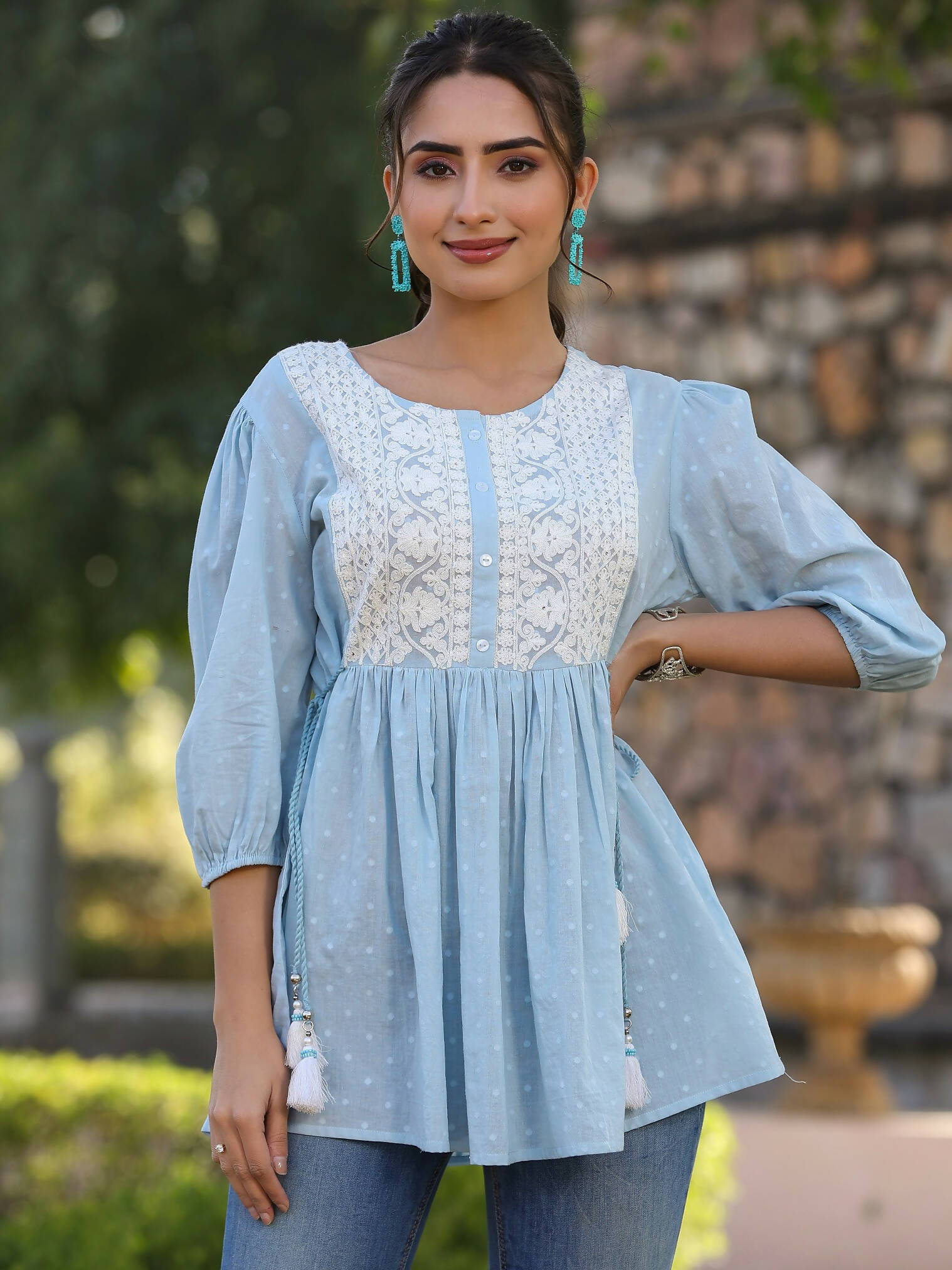 Juniper Women's Blue Cotton Dobby Solid With Embroidered Straight Tunic | Swadesiicart