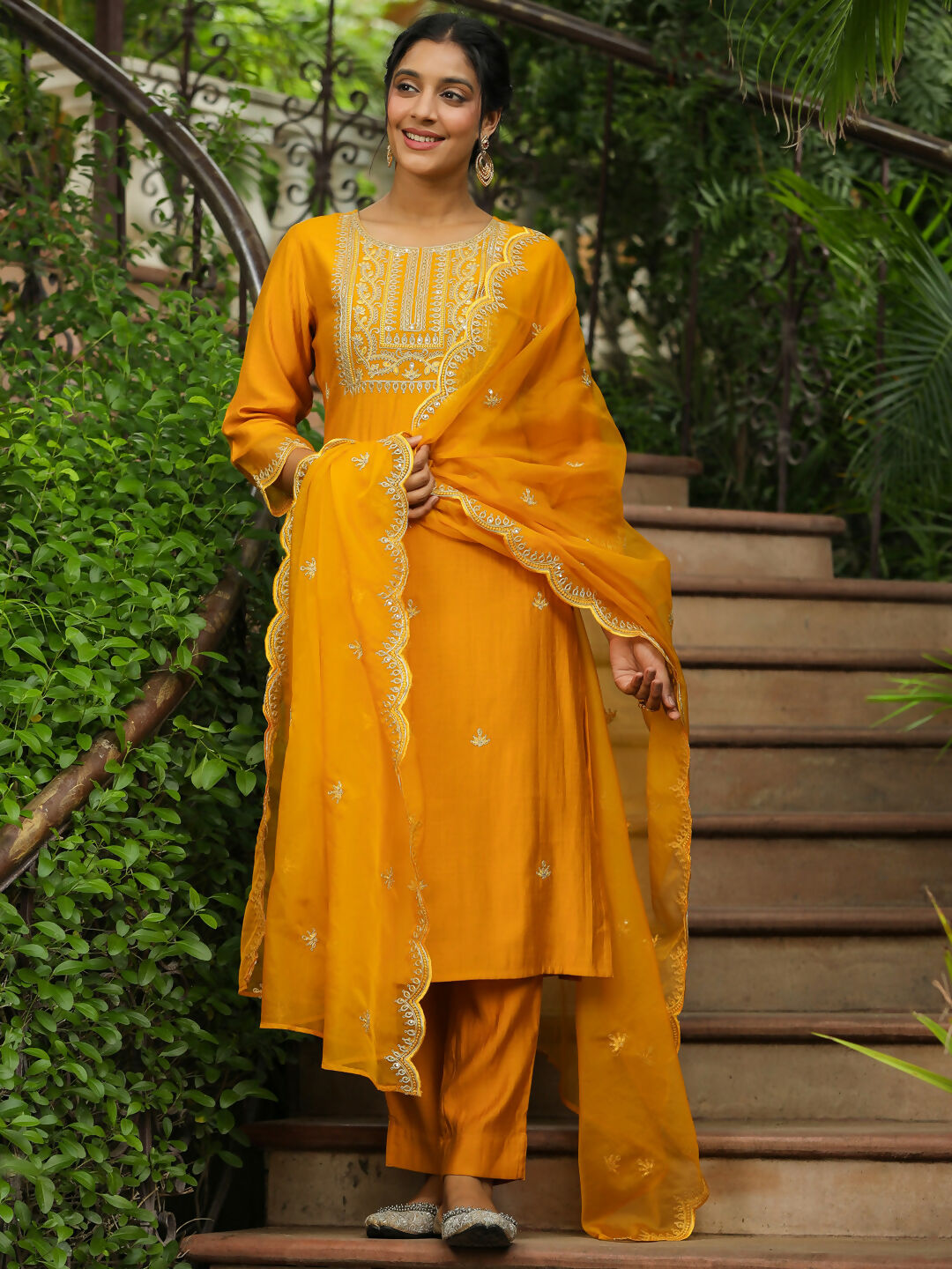 Janasya Mustard Silk Blend Embroidered Kurta,Bottom & Dupatta | Swadesiicart