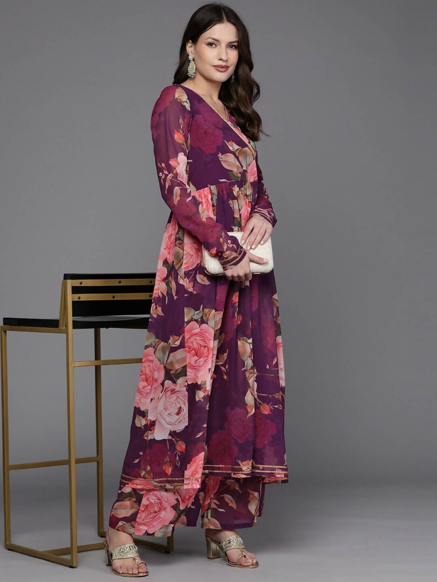 Ahalyaa Women Floral Printed Angrakha Kurta with Palazzos - Burgundy Color | Swadesiicart