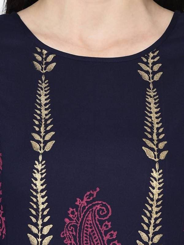 Aniyah Rayon Navy Blue Color Block Print A-line Flared Long Kurta With Two Front Slits (AN-215K) - Swadesiicart