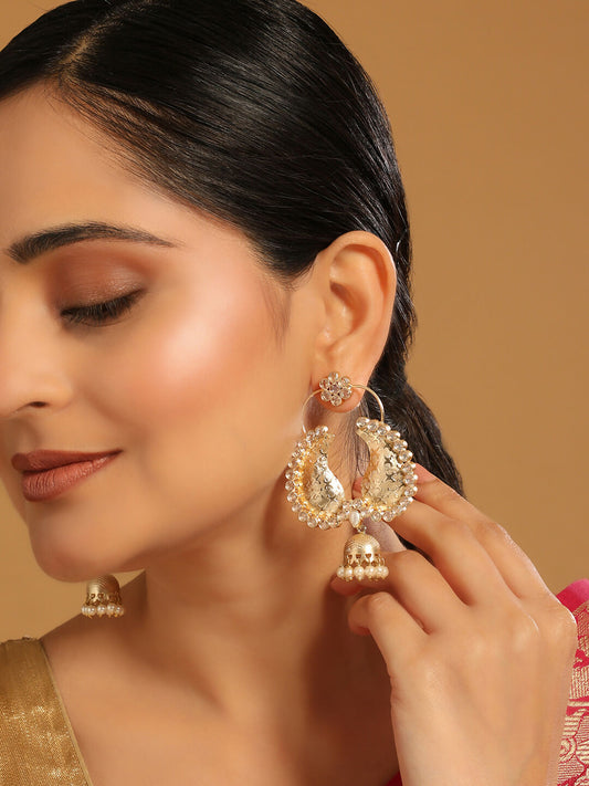 Nuyug 22K Gold Plated White Stone Studded Contemporary Mini Jhumki Dangler Earrings | Swadesiicart