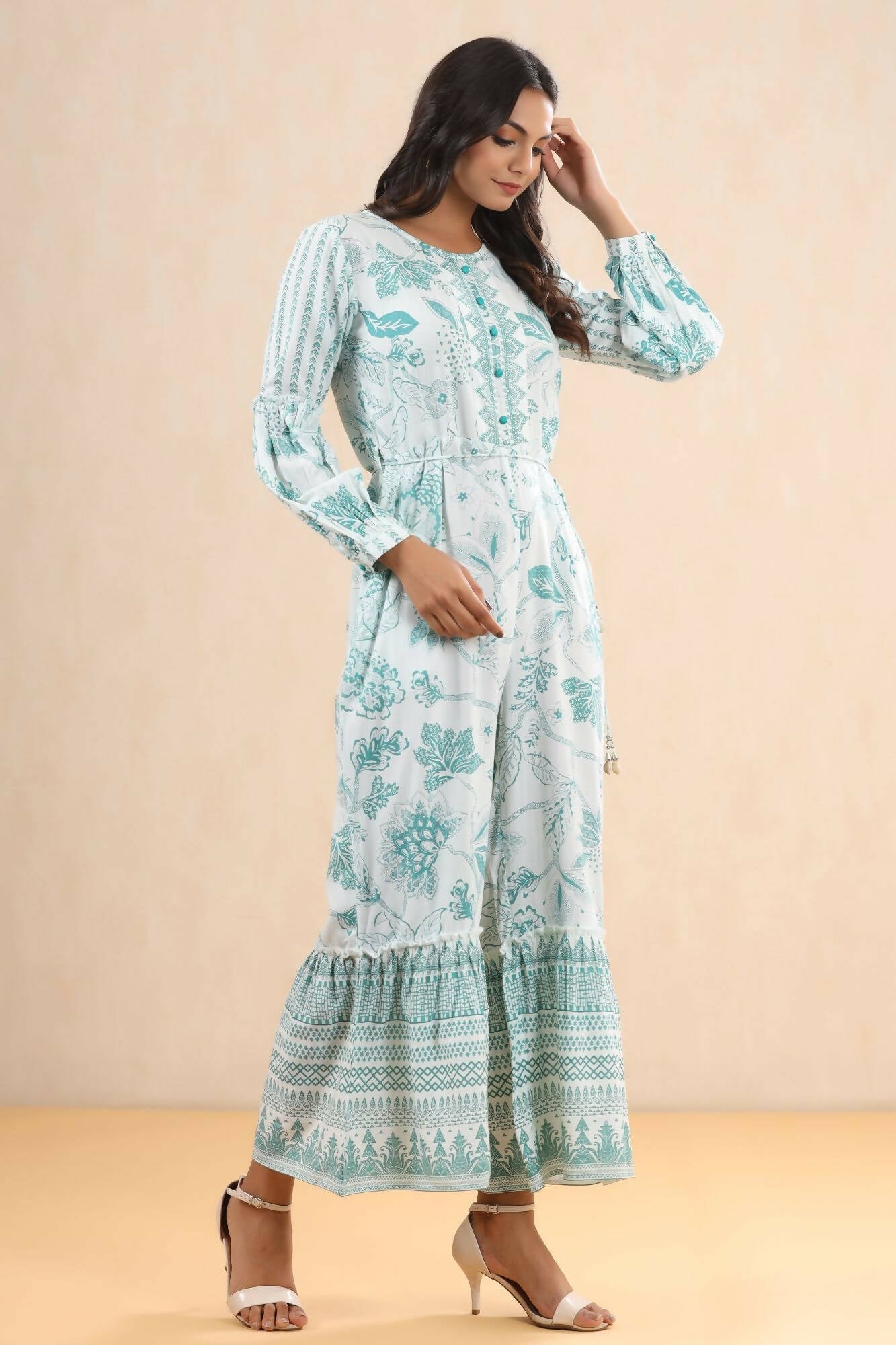 Juniper Women Teal Rayon Printed Straight Jumpsuit - Swadesiicart