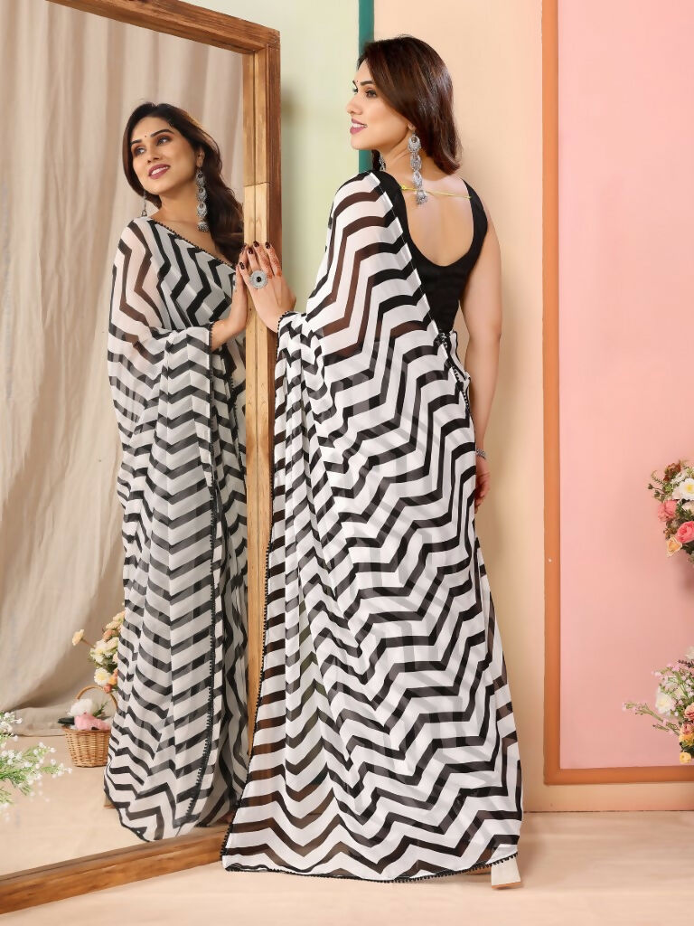 Partywear Designer Black & White Georgette Fancy Saree - Satrangi | Swadesiicart