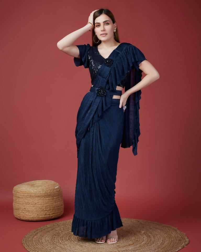 Blue Imported Crush Solid Ready to Wear Saree with stitched Blouse - Aayan | Swadesiicart