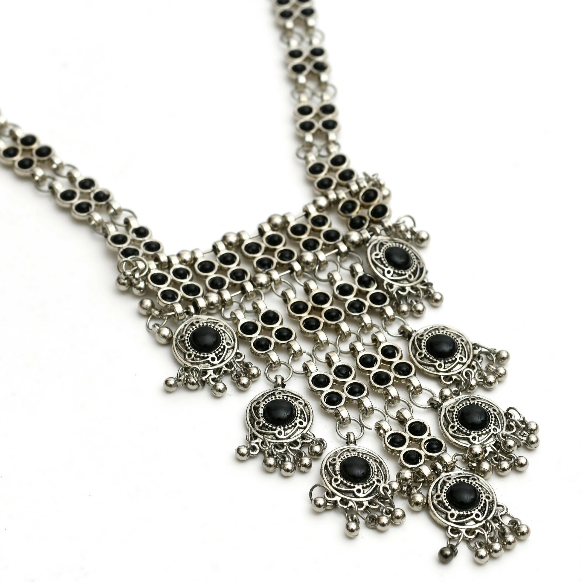 Mominos Fashion Johar Kamal Oxidised Silver-Plated Brass Finish Black Kundan Afghani Long Necklace For Women | Swadesiicart