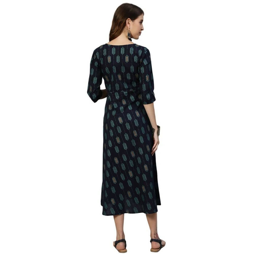 Anubhutee Women's Rayon Knee-Length Ethnic Motifs Maternity A-Line Navy Blue Midi Dress | Swadesiicart