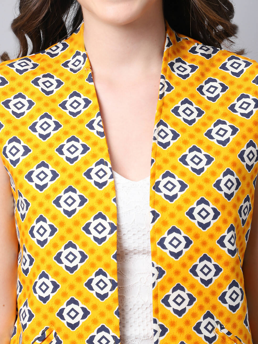 Even Apparels Yellow 100% Viscose Rayon Open Front Gillet | Swadesiicart