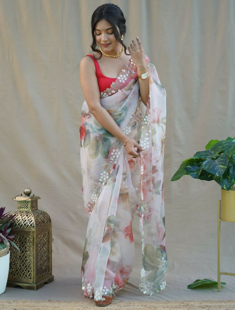 Vamsee Sarangi White Organza Saree - Swadesiicart