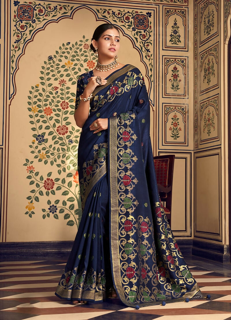 Monjolika Fashion Navy Blue Silk Blend Banarasi Zari Work Classic Saree | Swadesiicart