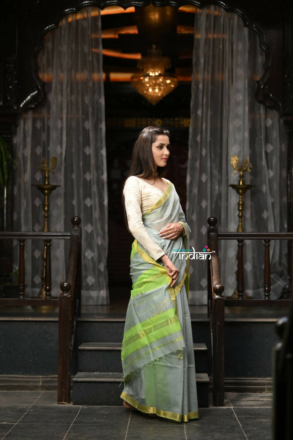 Very Much Indian VMI Exclusive Designer! Handloom Cotton Silk Saree With Sleek Golden Border - Sage Grey | Swadesiicart