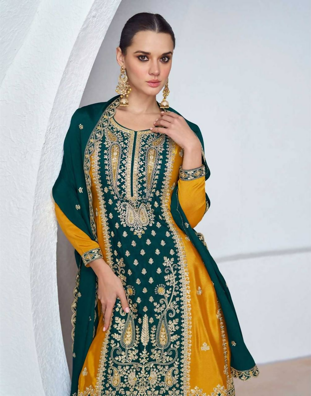 Lorenvalley Fashion Yellow and Rama Chinon Embroidery With Sequince Work Salwar Kameez Stitched | Swadesiicart